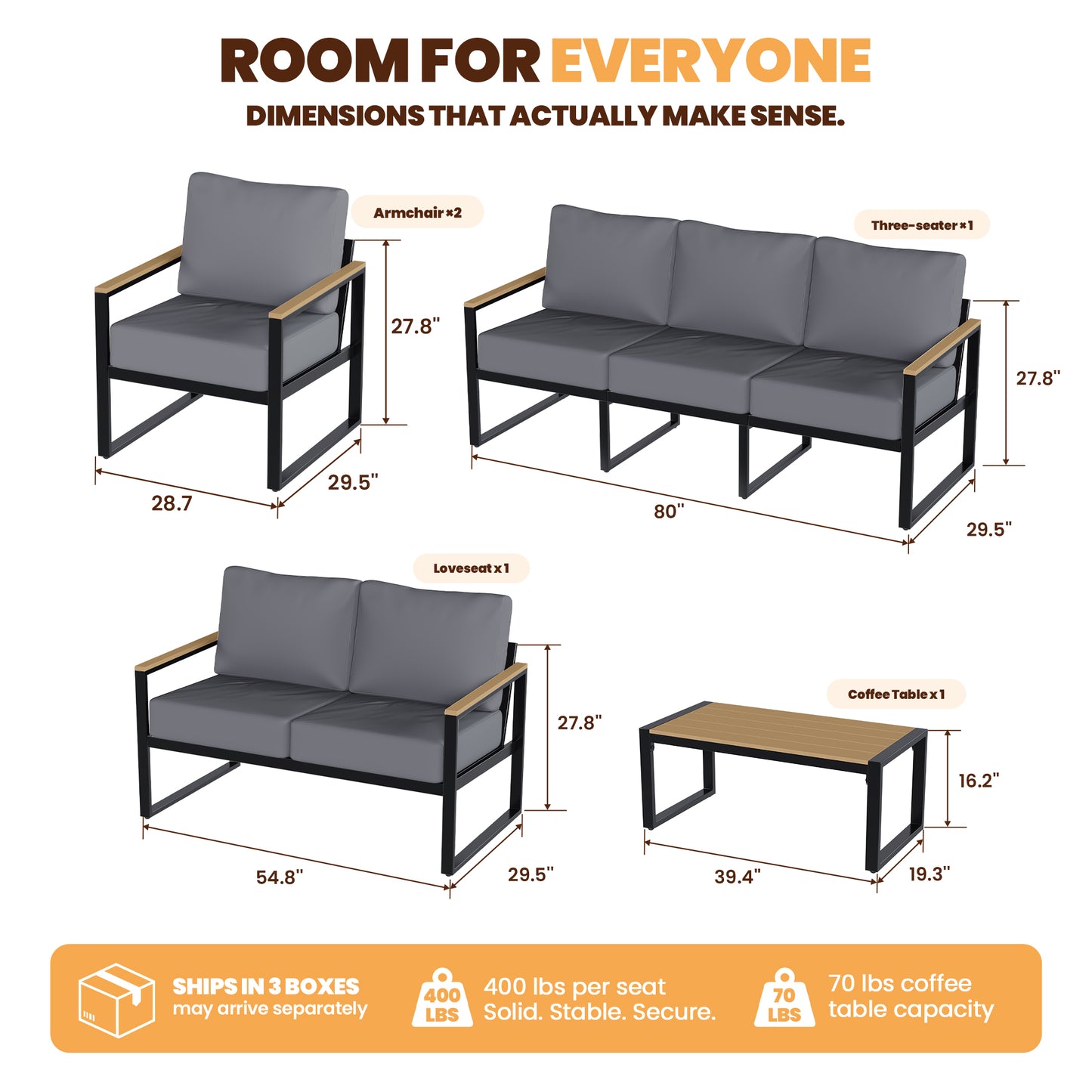 Sumnthink 5-Piece Outdoor Patio Furniture Set, Modern Metal Conversation Set for Porch, Deck, Balcony (Dark Grey)