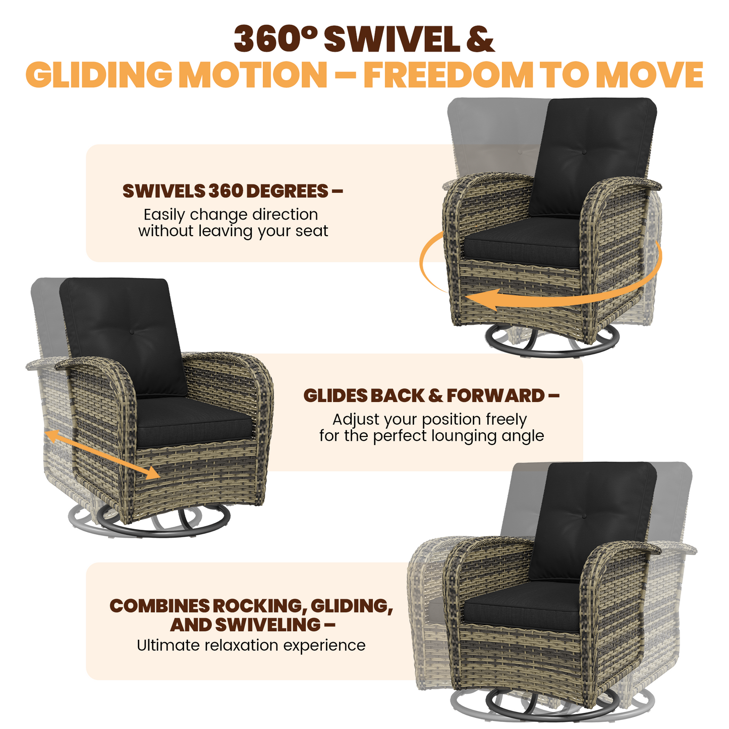 Clouddwell 3 Pieces Patio Furniture Set, Patio Swivel Rocker Chairs Set of 2, Wicker Outdoor Bistro Set with Rocking Chair, Black/Yellow Brown