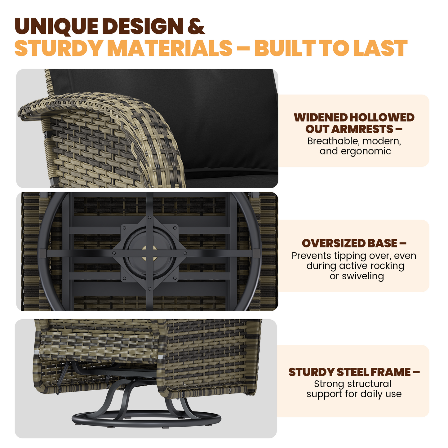 Clouddwell 3 Pieces Patio Furniture Set, Patio Swivel Rocker Chairs Set of 2, Wicker Outdoor Bistro Set with Rocking Chair, Black/Yellow Brown