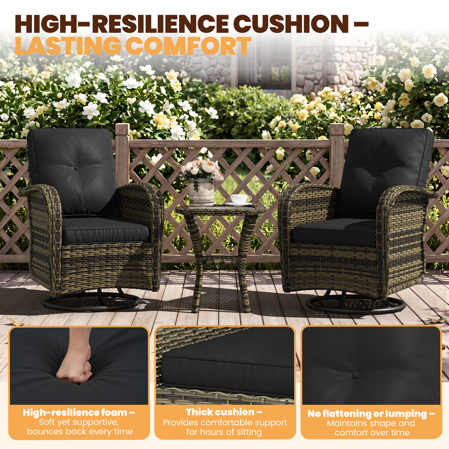 Clouddwell 3 Pieces Patio Furniture Set, Patio Swivel Rocker Chairs Set of 2, Wicker Outdoor Bistro Set with Rocking Chair, Black/Yellow Brown