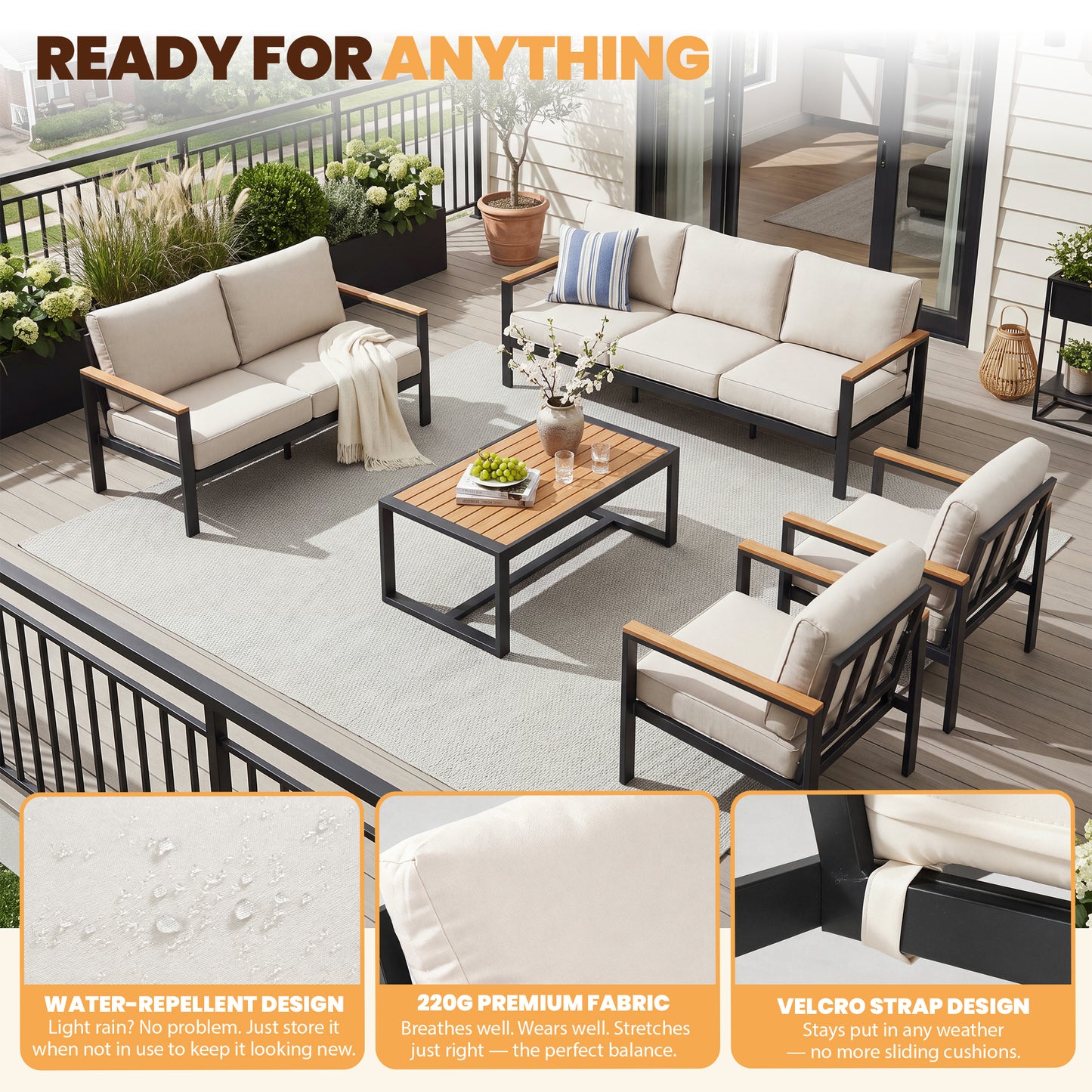 Sumnthink 5-Piece Outdoor Patio Furniture Set, Modern Metal Conversation Set for Porch, Deck, Balcony (Off White)