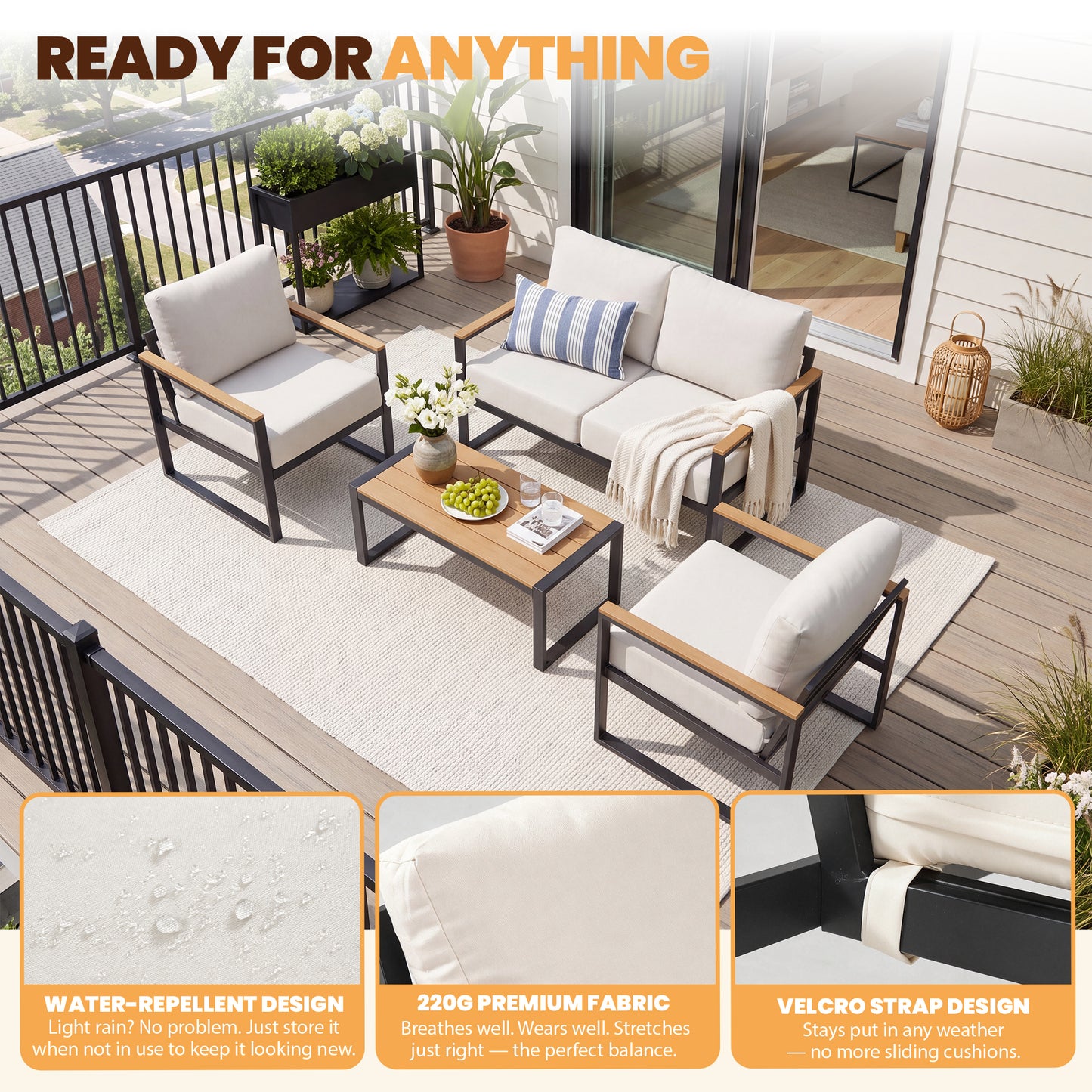 Dateyes 4-Piece Outdoor Patio Furniture Set, Modern Metal Conversation Set for Porch, Deck, Balcony (Beige)