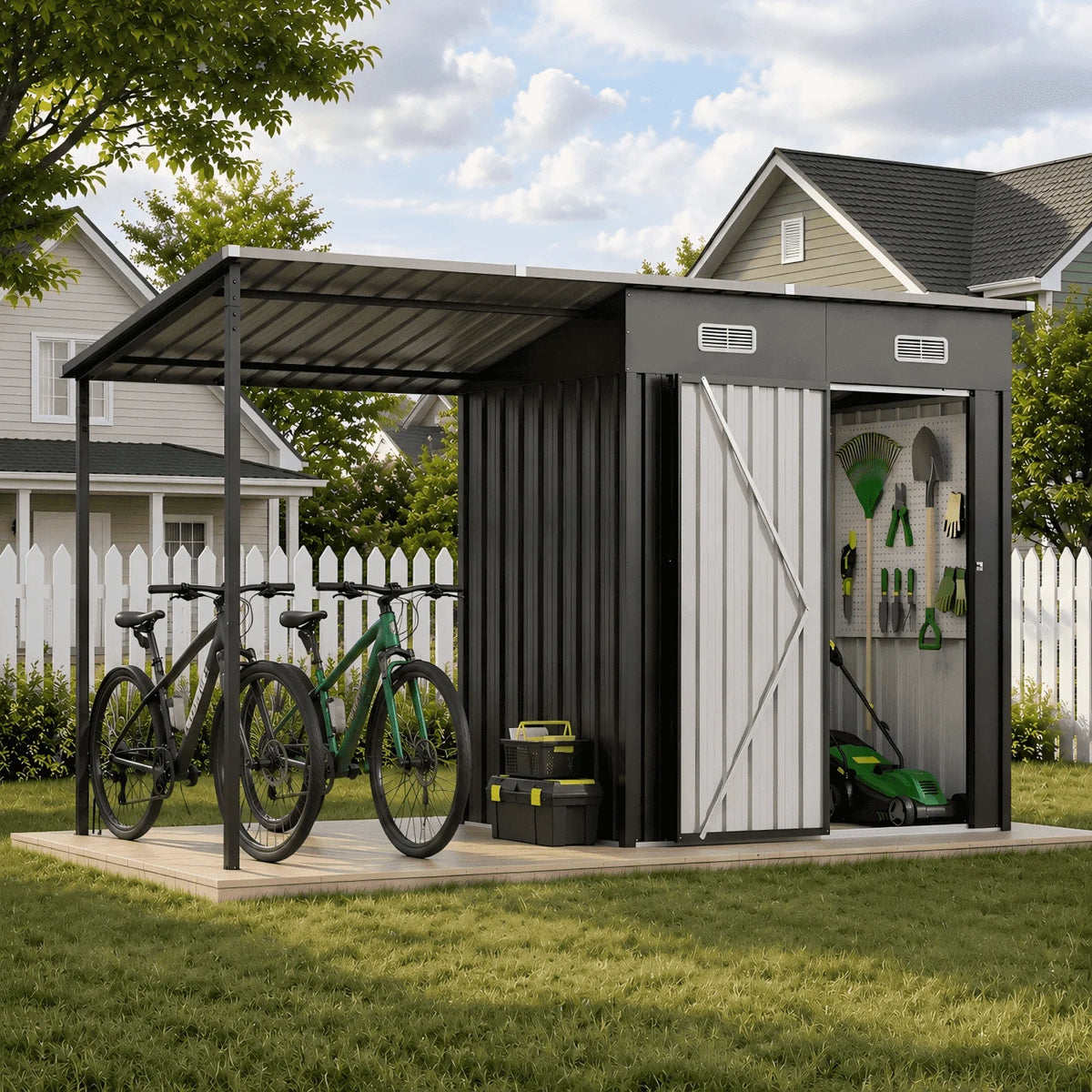 Dateyes Outdoor Storage Shed with Pergola, 10x3 FT Sheds & Hardtop Gazebo Combo with 30 Sq. Ft Covered, 2-in-1 DIY Tool Shed with Attached Hardtop Metal Pergola, Black