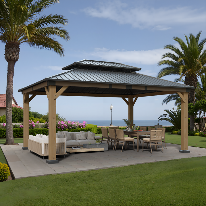 Clouddwell 12*16FT Upgraded Cedar Gazebo,Cedar Hard Roof Gazebo,with Double-Layer Galvanized Steel Roof,Suitable for Backyard,Desk,and Lawn.