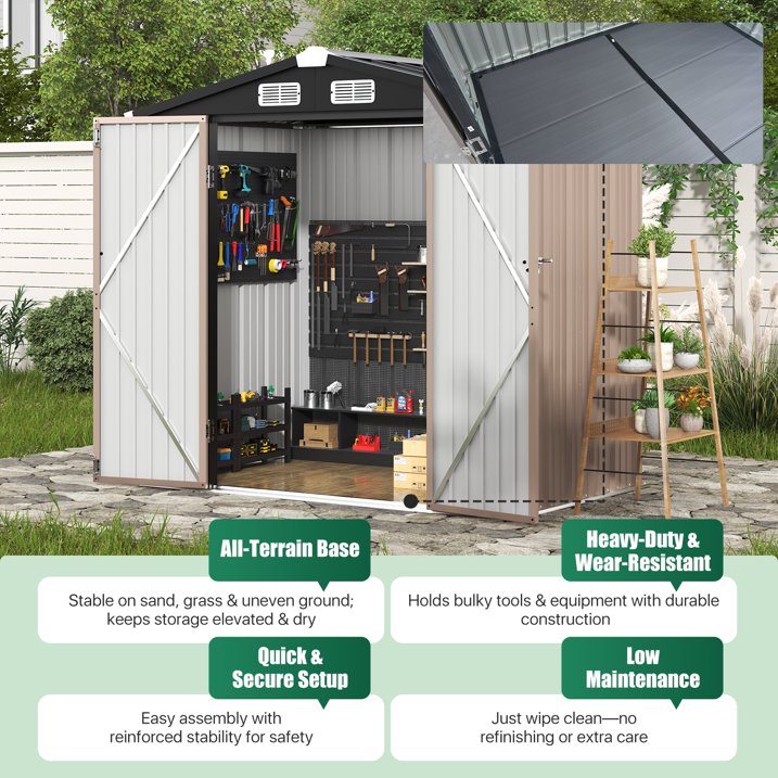 Clouddwell 6.2x4ft Galvanized Steel Storage Shed with Floor & Double Doors - Brown