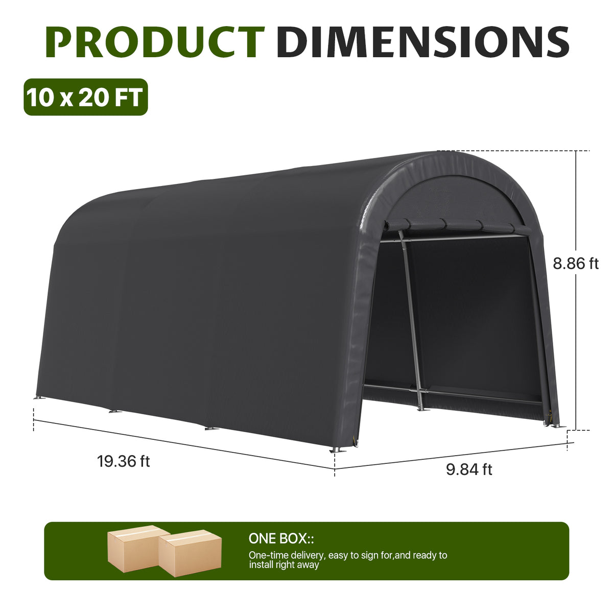 Dateyes 10x20 FT Carport Round Top Shelter, Carport Canopy with Roll-up Doors, Portable Garage Portable Carport with Waterproof UV PE Cover, Car Canopy for Car, Truck, SUV, Boat, Dark Gray