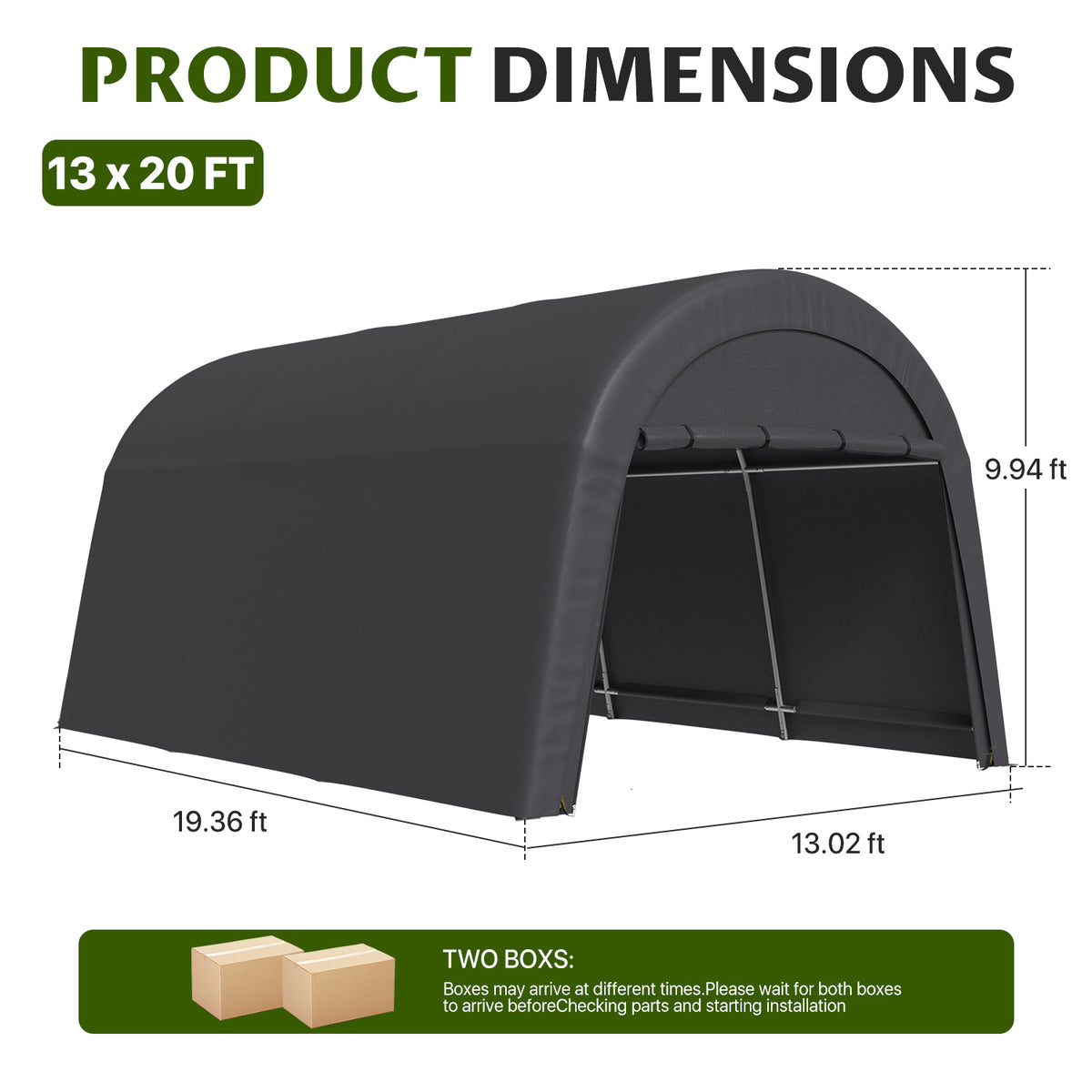 Dateyes 13x20 FT Carport Round Top Shelter, Carport Canopy with Roll-up Doors, Portable Garage Portable Carport with Waterproof UV PE Cover, Car Canopy for Car, Truck, SUV, Boat, Dark Gray