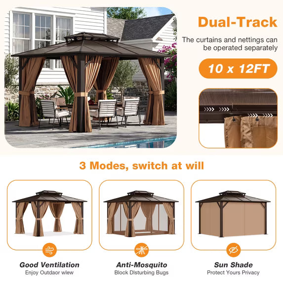 Dateyes 10'x12' Hardtop Gazebo - Polycarbonate Double Roof,Outdoor Permanent Pavilion with Curtains and Mosquito Netting for Patio, Backyard,Brown