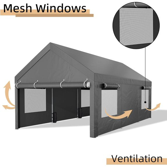 Clouddwell Carport, 12x20 FT Heavy Duty Carport with Removable Side Walls and Doors, Car Canopy with All-Season Tarp for Cars, Grey