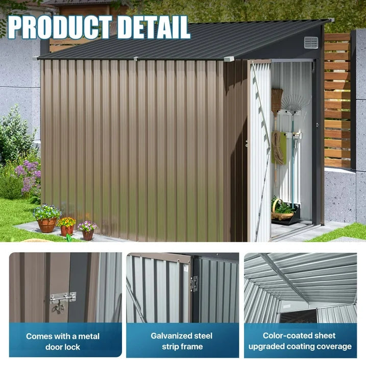 Sunmthink 7'x5.5' Lean to Shed with Side Door Waterproof Utility Shed with Sloped Roof, Lockable Door, Brown