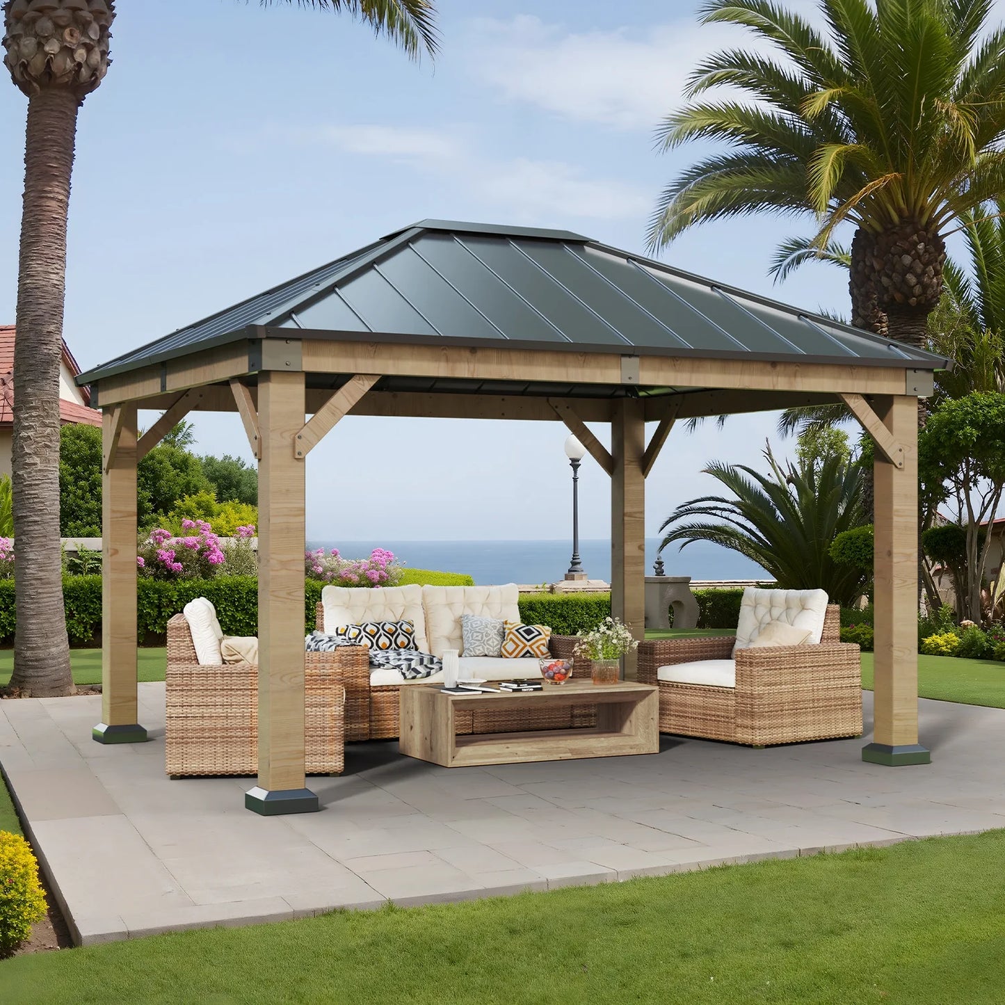 Clouddwell 12*10FT Hardtop Gazebo,Wooden Patio Gazebo with Single-Layer Galvanized Steel Roof,Suitable for Backyards,Patios and Decks.