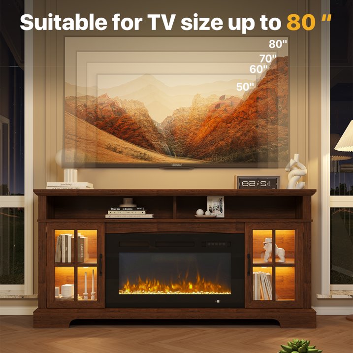 Sonegra Fireplace TV Stand with Glass Door for TVs up to 80", 70" Entertainment Center with Fireplace, Media Console for Living Room, Brown