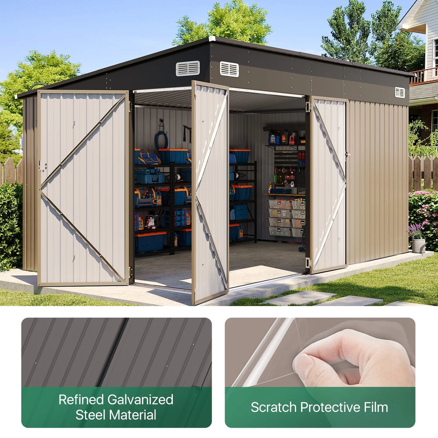 Clouddwell 12ft x 8ft Heavy-Duty Metal Storage Shed with 3 Doors, Lockable Lean-To Design, Weatherproof for Garden & Tools (Brown)
