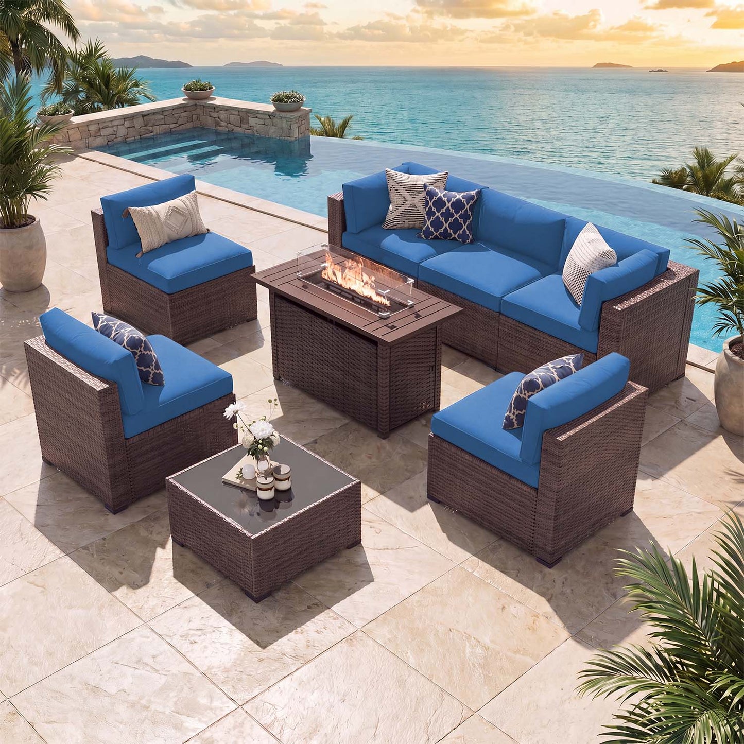 Clouddwell 8 Piece Outdoor Patio Furniture Set, Wicker Rattan Patio Sectional Sofa Sets with Fire Pit Table, Navy Blue