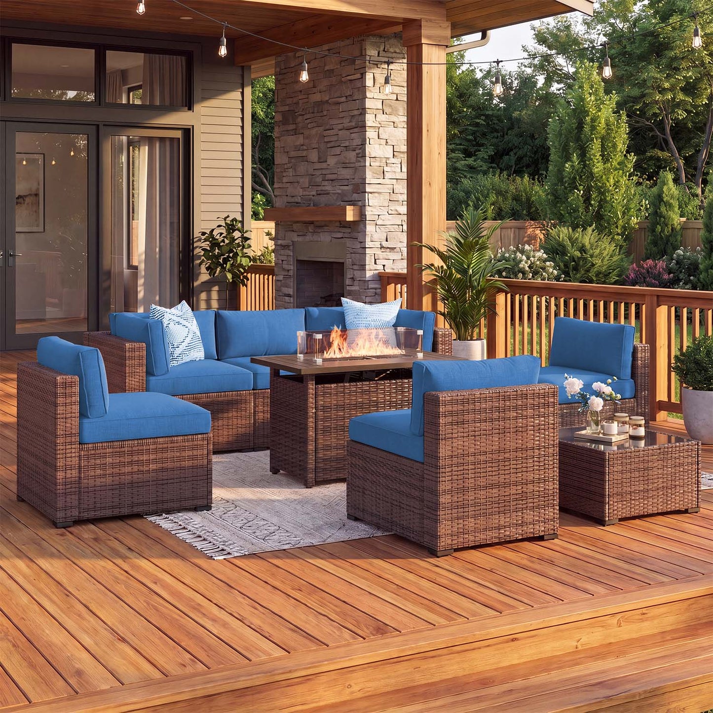 Clouddwell 8 Piece Outdoor Patio Furniture Set, Wicker Rattan Patio Sectional Sofa Sets with Fire Pit Table, Navy Blue