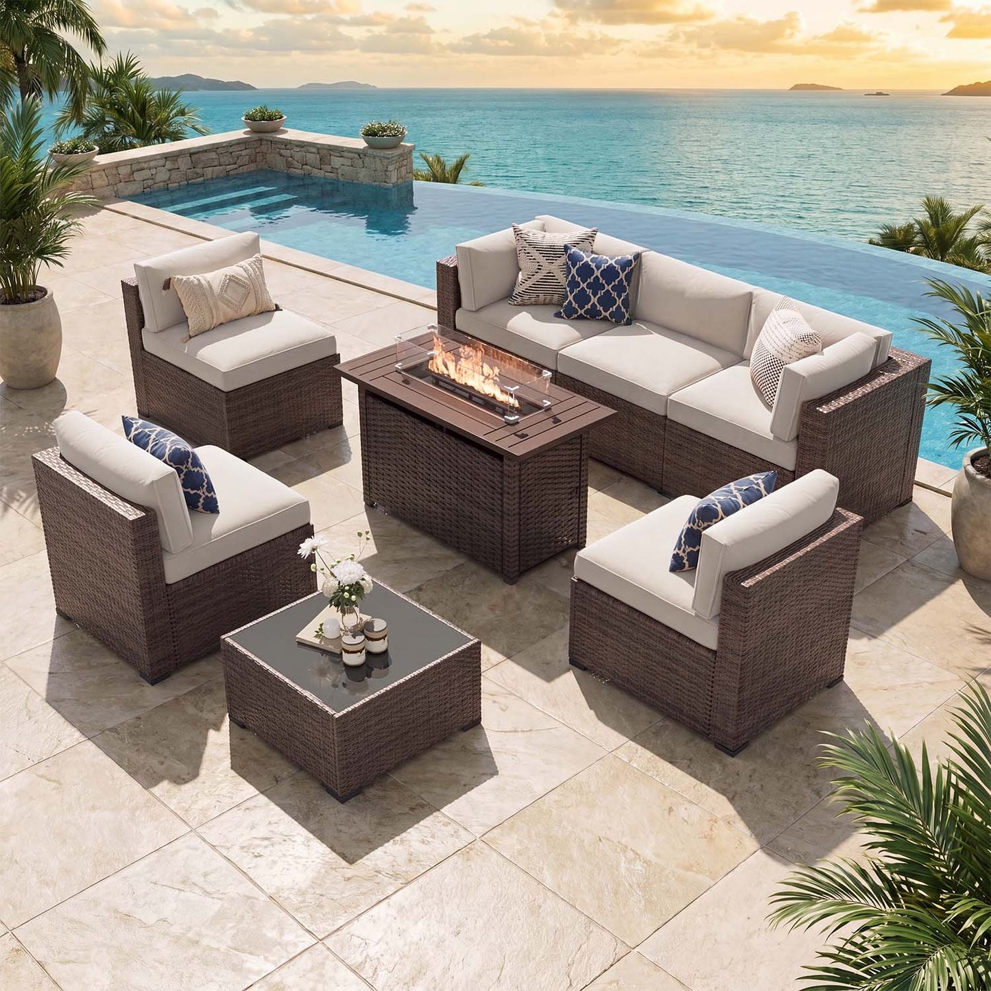 Clouddwell 8 Piece Outdoor Patio Furniture Set, Wicker Rattan Patio Sectional Sofa Sets with Fire Pit Table, Off White