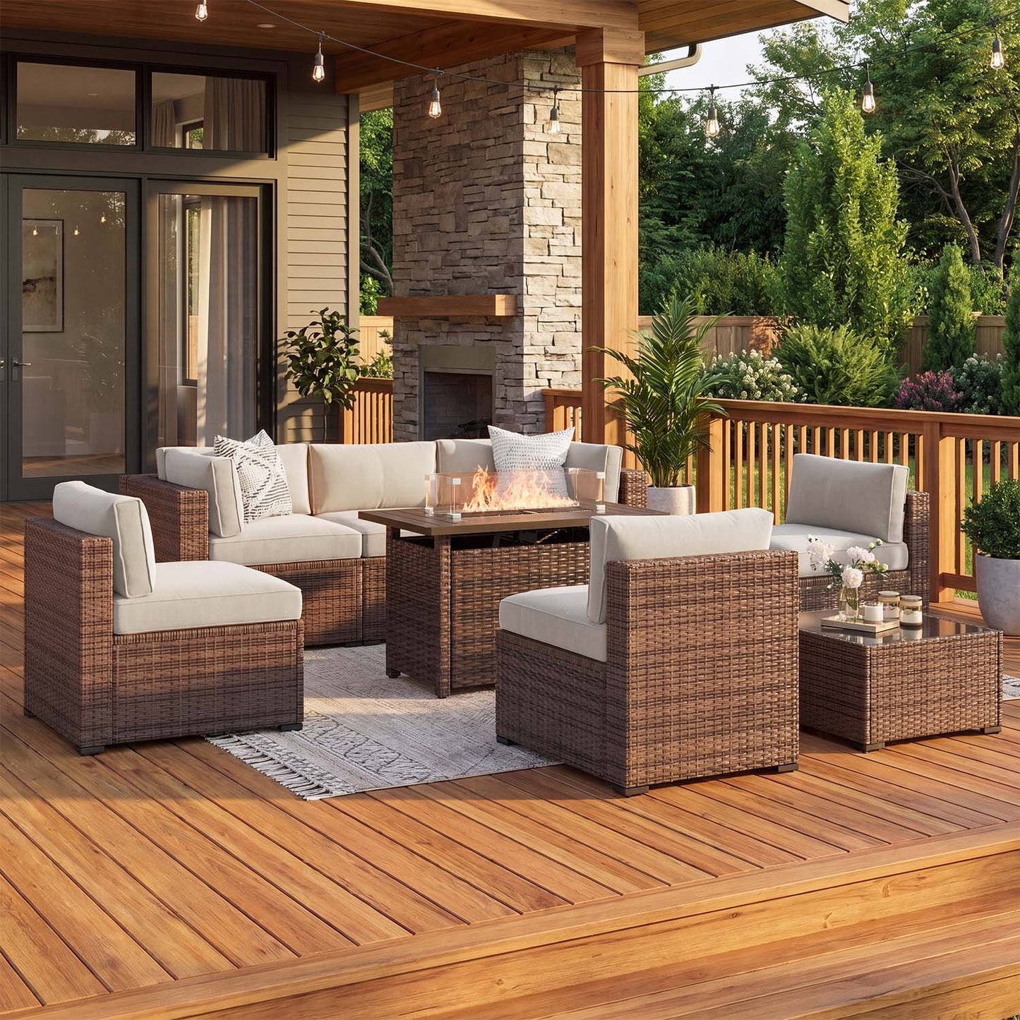 Clouddwell 8 Piece Outdoor Patio Furniture Set, Wicker Rattan Patio Sectional Sofa Sets with Fire Pit Table, Off White
