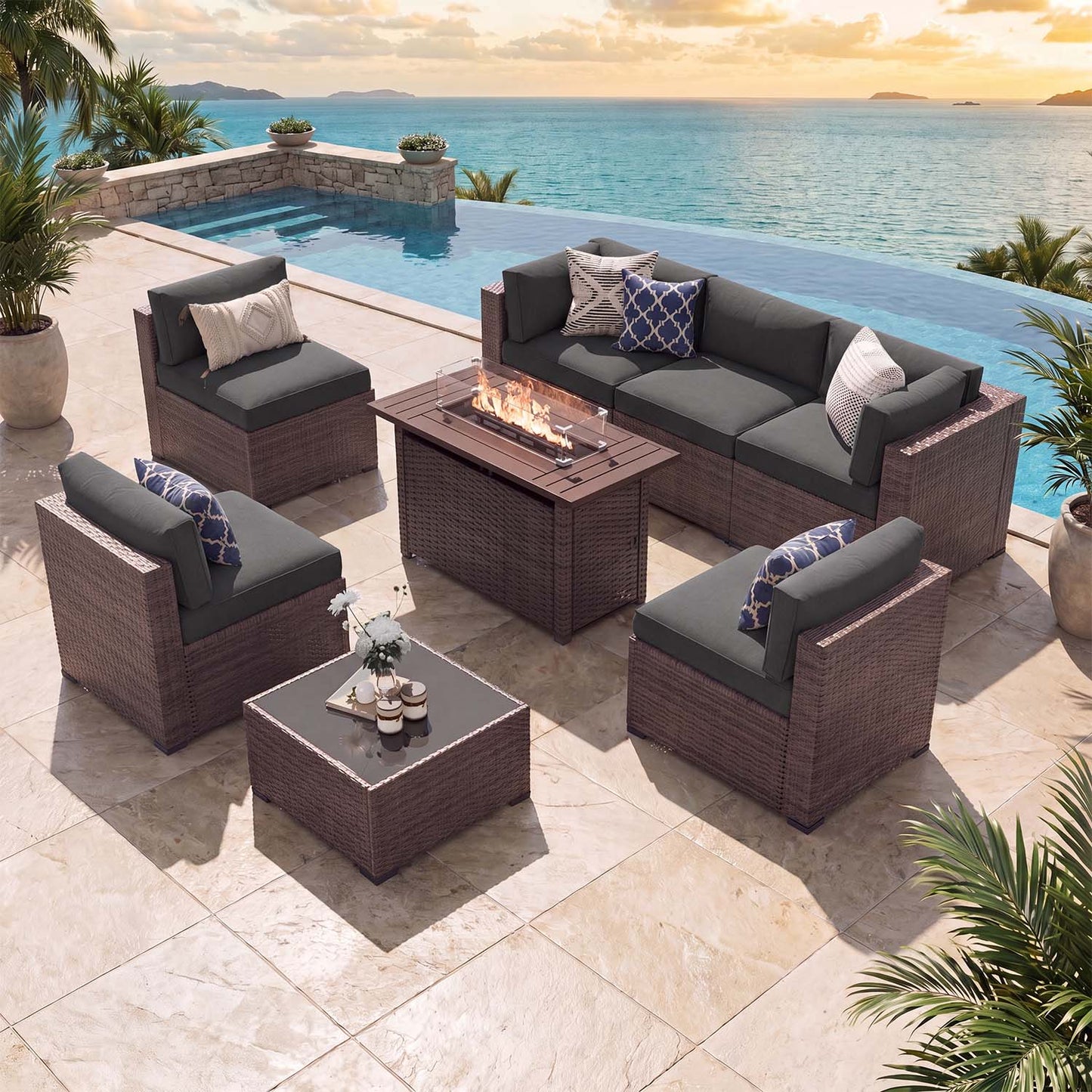 Clouddwell 8 Piece Outdoor Patio Furniture Set, Wicker Rattan Patio Sectional Sofa Sets with Fire Pit Table, Dark Gray