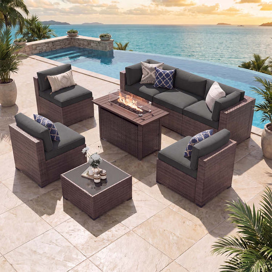 Clouddwell 8 Piece Outdoor Patio Furniture Set, Wicker Rattan Patio Sectional Sofa Sets with Fire Pit Table, Dark Gray