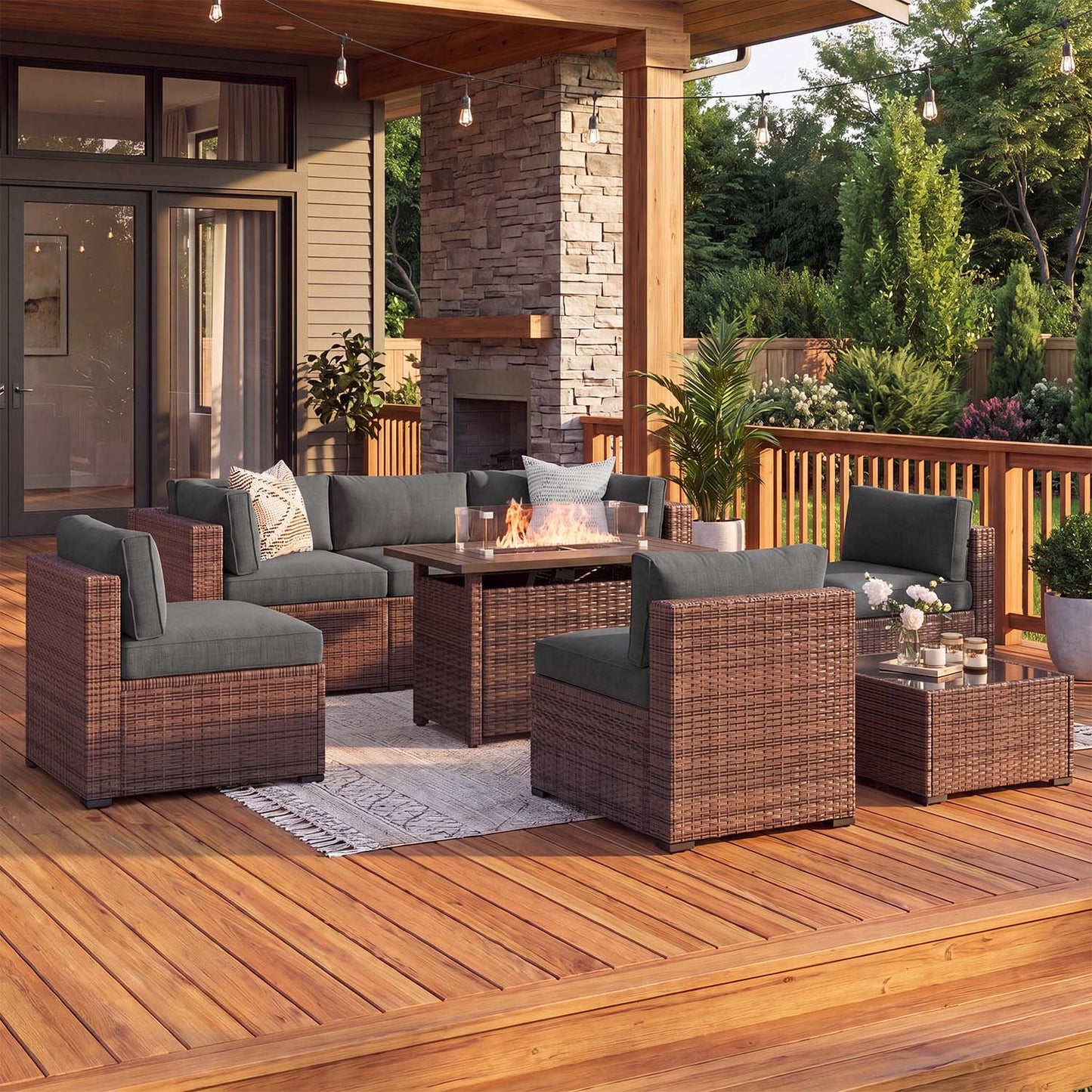Clouddwell 8 Piece Outdoor Patio Furniture Set, Wicker Rattan Patio Sectional Sofa Sets with Fire Pit Table, Dark Gray