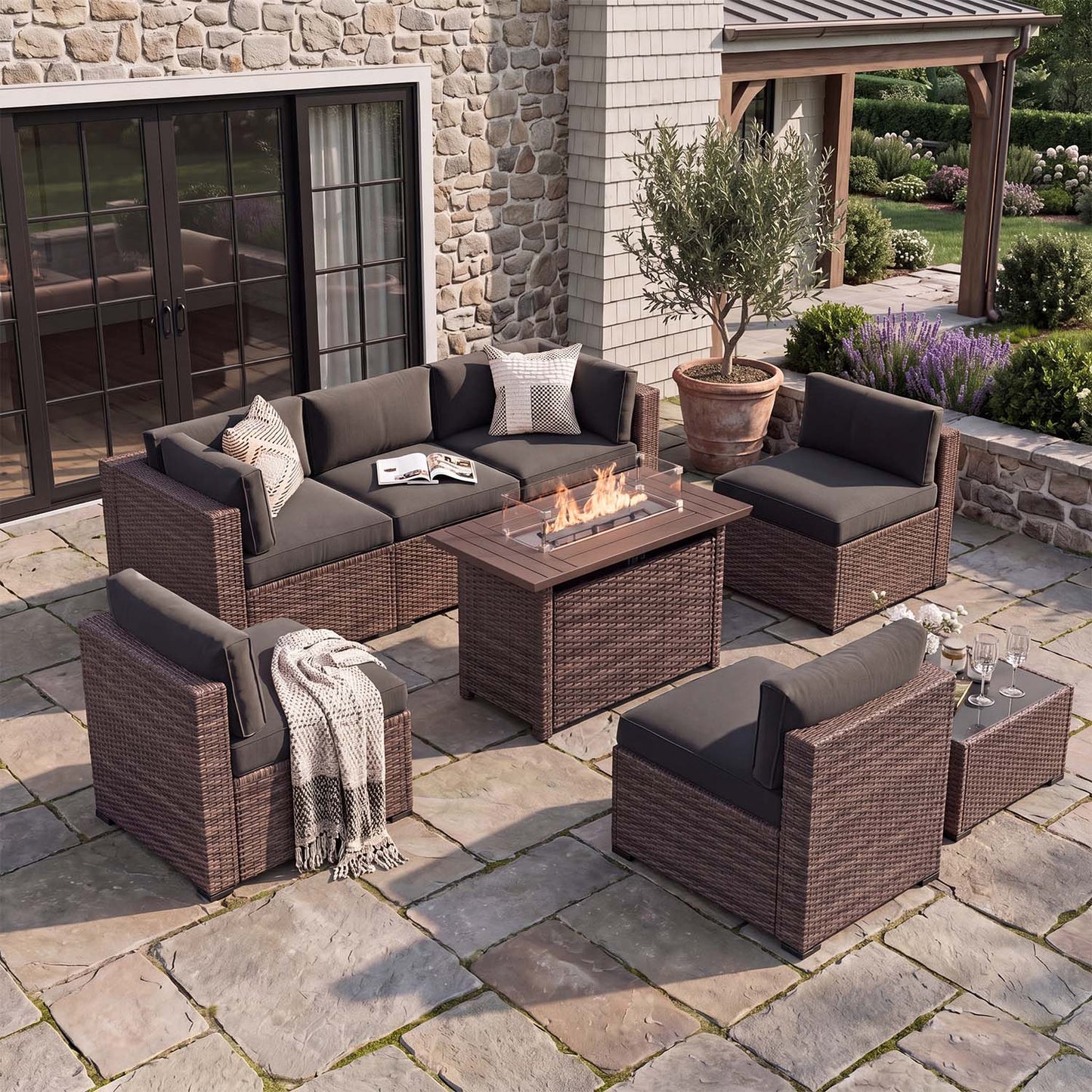 Clouddwell 8 Piece Outdoor Patio Furniture Set, Wicker Rattan Patio Sectional Sofa Sets with Fire Pit Table, Dark Gray