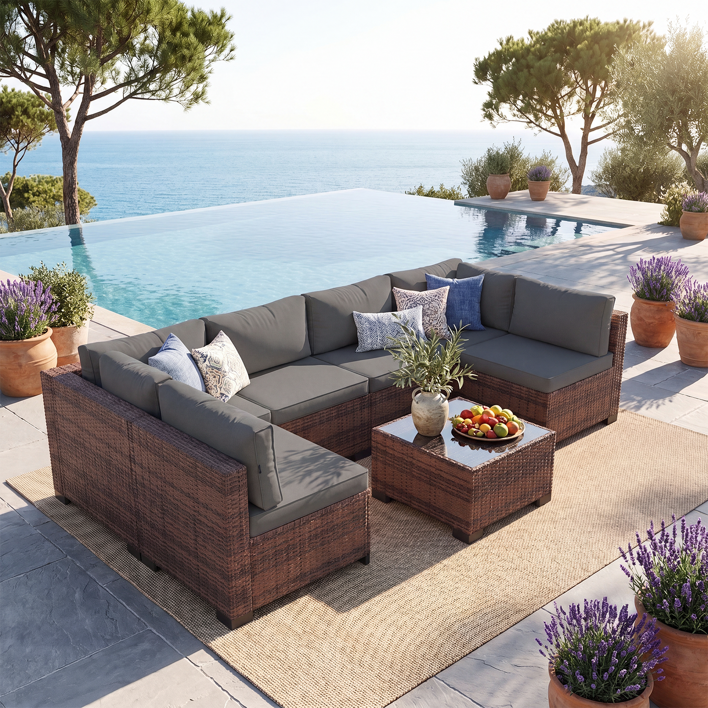 Clouddwell 7 Piece Outdoor Patio Furniture Set, Wicker Rattan Patio Sectional Sofa Set, Grey