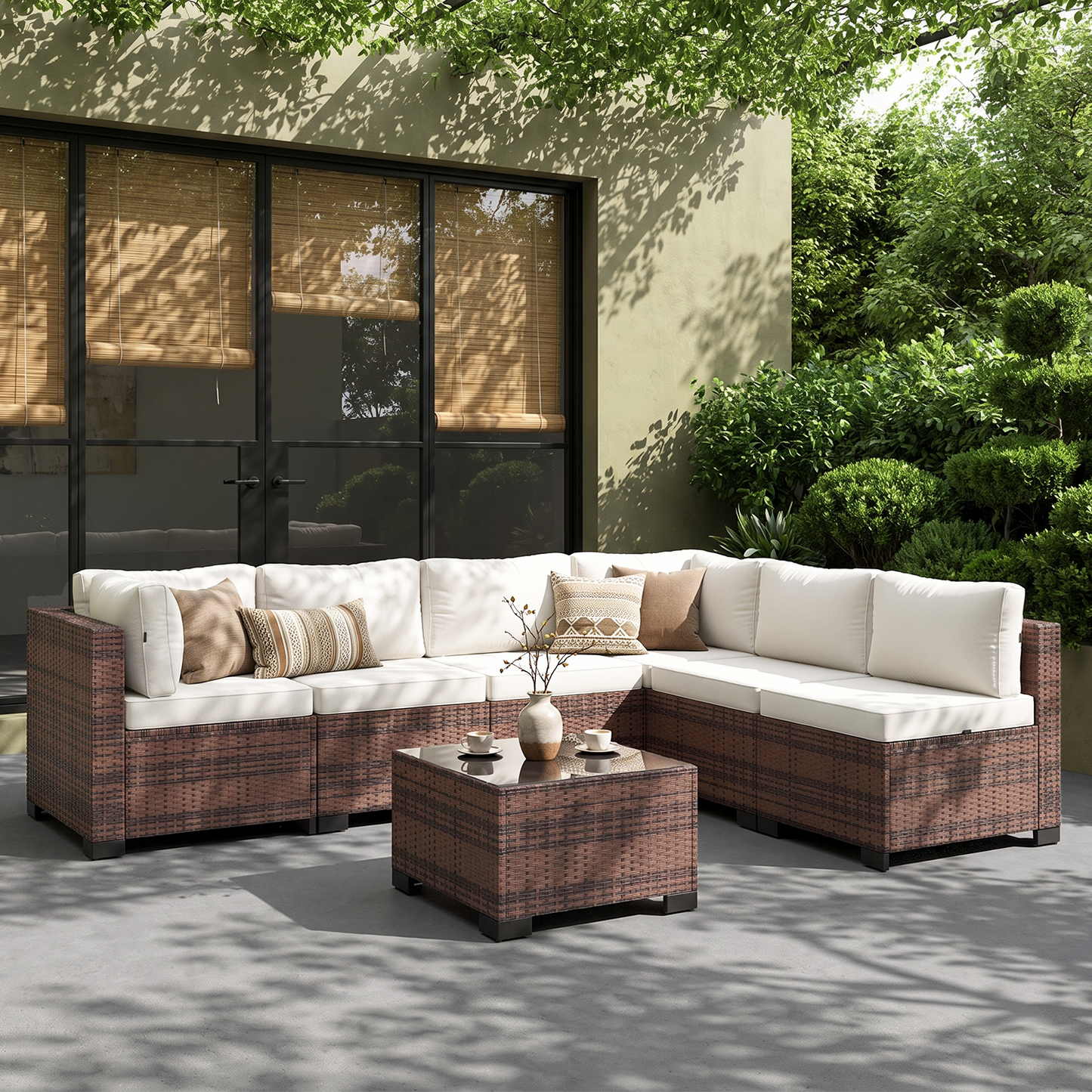 Clouddwell 7 Piece Outdoor Patio Furniture Set, Wicker Rattan Patio Sectional Sofa Sets, Off White