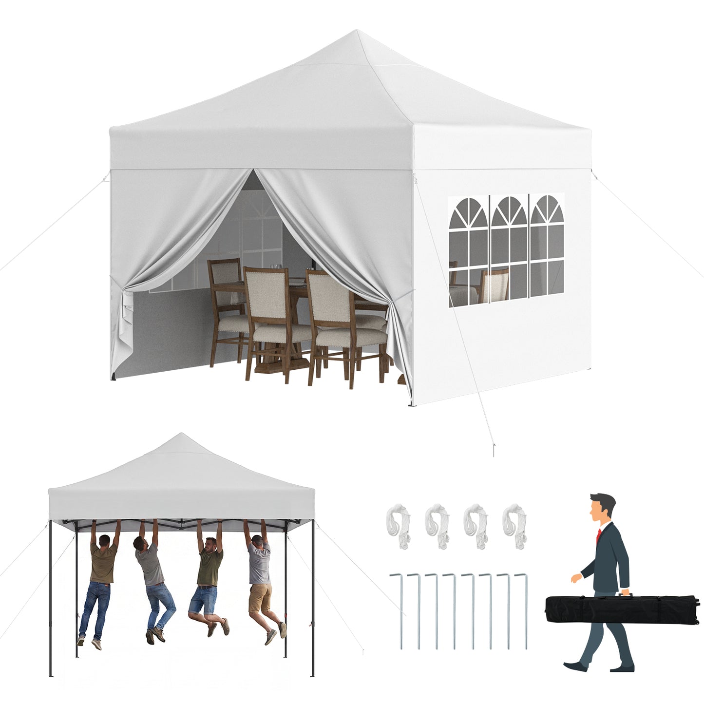 Clouddwell 10'x10' Pop Up Canopy Tent with 4 Removable Sidewalls, Adjustable Height Instant Outdoor Canopy, Portable Sun Shade Shelter with 4 Sandbags, Easy Setup for Parties, Camping, Events, White