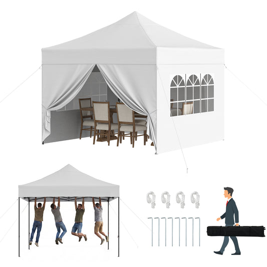 Clouddwell 10'x10' Pop Up Canopy Tent with 4 Removable Sidewalls, Adjustable Height Instant Outdoor Canopy, Portable Sun Shade Shelter with 4 Sandbags, Easy Setup for Parties, Camping, Events, White
