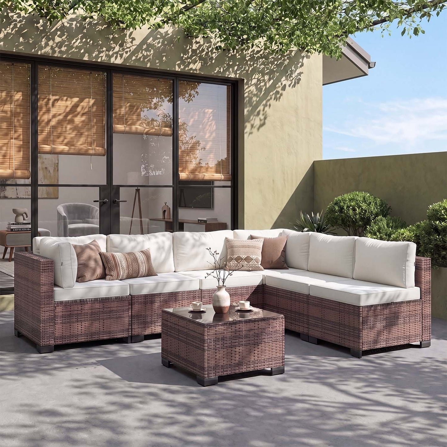 Clouddwell 7 Piece Outdoor Patio Furniture Set, Wicker Rattan Patio Sectional Sofa Sets, Off White