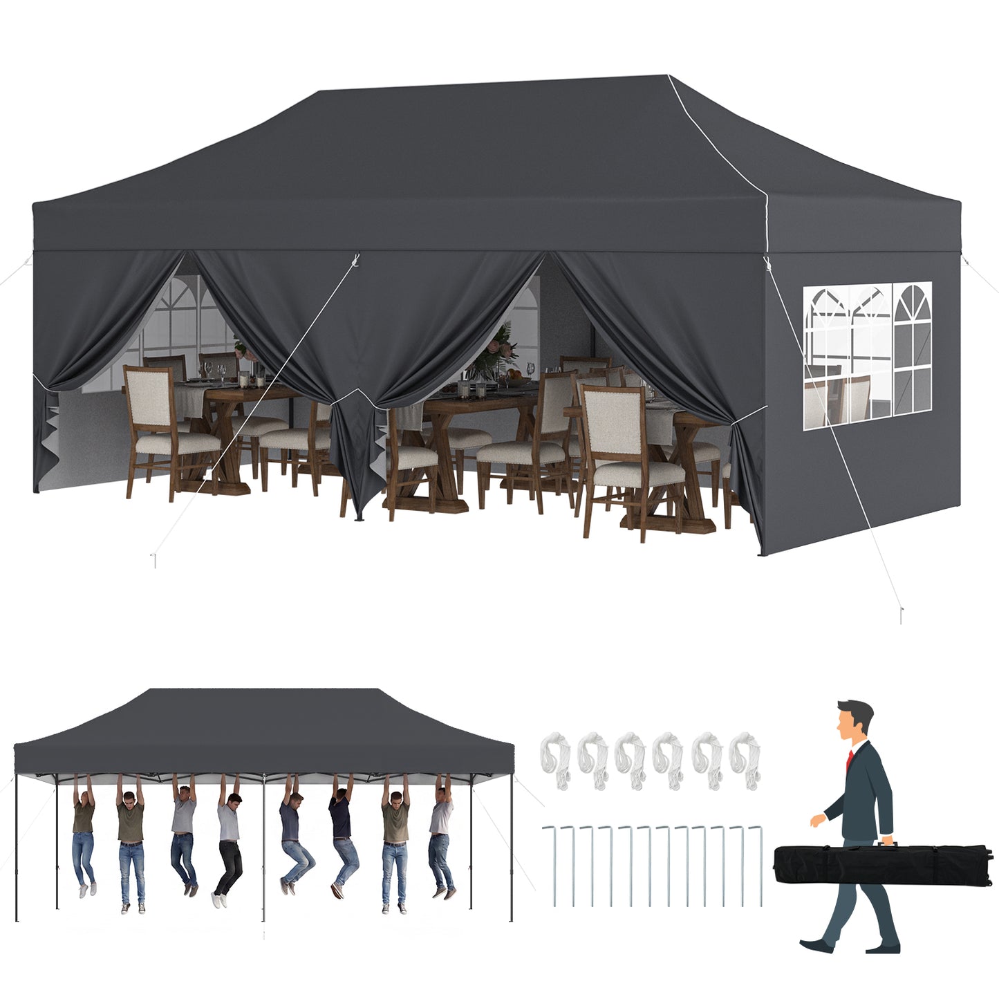 Clouddwell 10'x10' Pop Up Canopy Tent with 4 Removable Sidewalls, Adjustable Height Instant Outdoor Canopy, Portable Sun Shade Shelter with 4 Sandbags, Easy Setup for Parties, Camping, Events, Gray