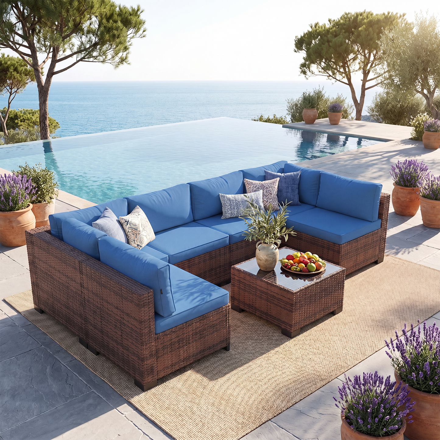 Clouddwell 7 Piece Outdoor Patio Furniture Set, Wicker Rattan Patio Sectional Sofa Set, Blue