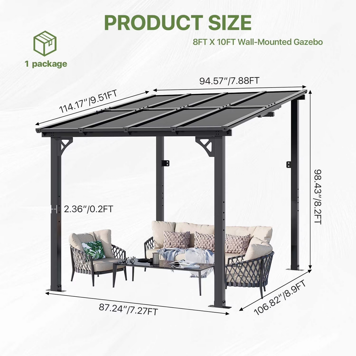 Aoxun 8' x 10' Gazebo for Patio, Large Wall-Mounted Heavy Duty Awnings, Gazebo Pergola with Sloped Roof, for Backyard, Deck, Patio