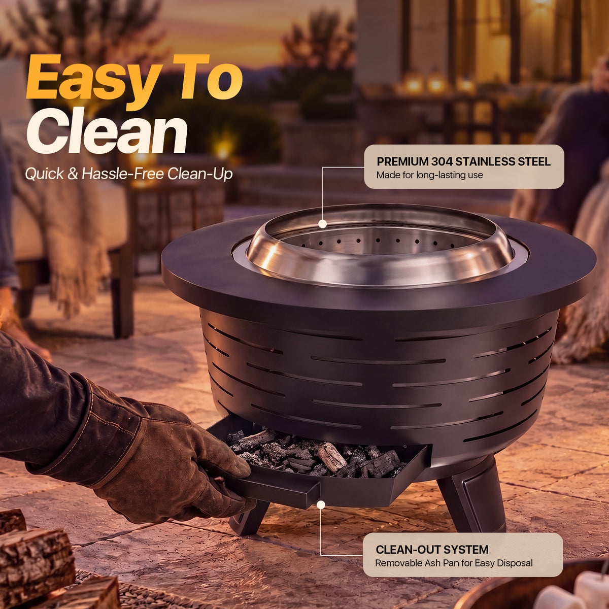 BaPiPro 25" Black Smokeless Fire Pit HR-A, Outdoor Wood Burning Fire Stove with Fire Poker and Rain Cover for Backyard Patio Heating