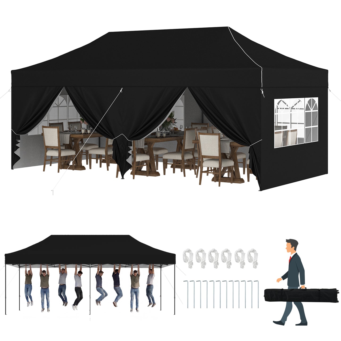 Clouddwell 10'x10' Pop Up Canopy Tent with 4 Removable Sidewalls, Adjustable Height Instant Outdoor Canopy, Portable Sun Shade Shelter with 4 Sandbags, Easy Setup for Parties, Camping, Events, Black