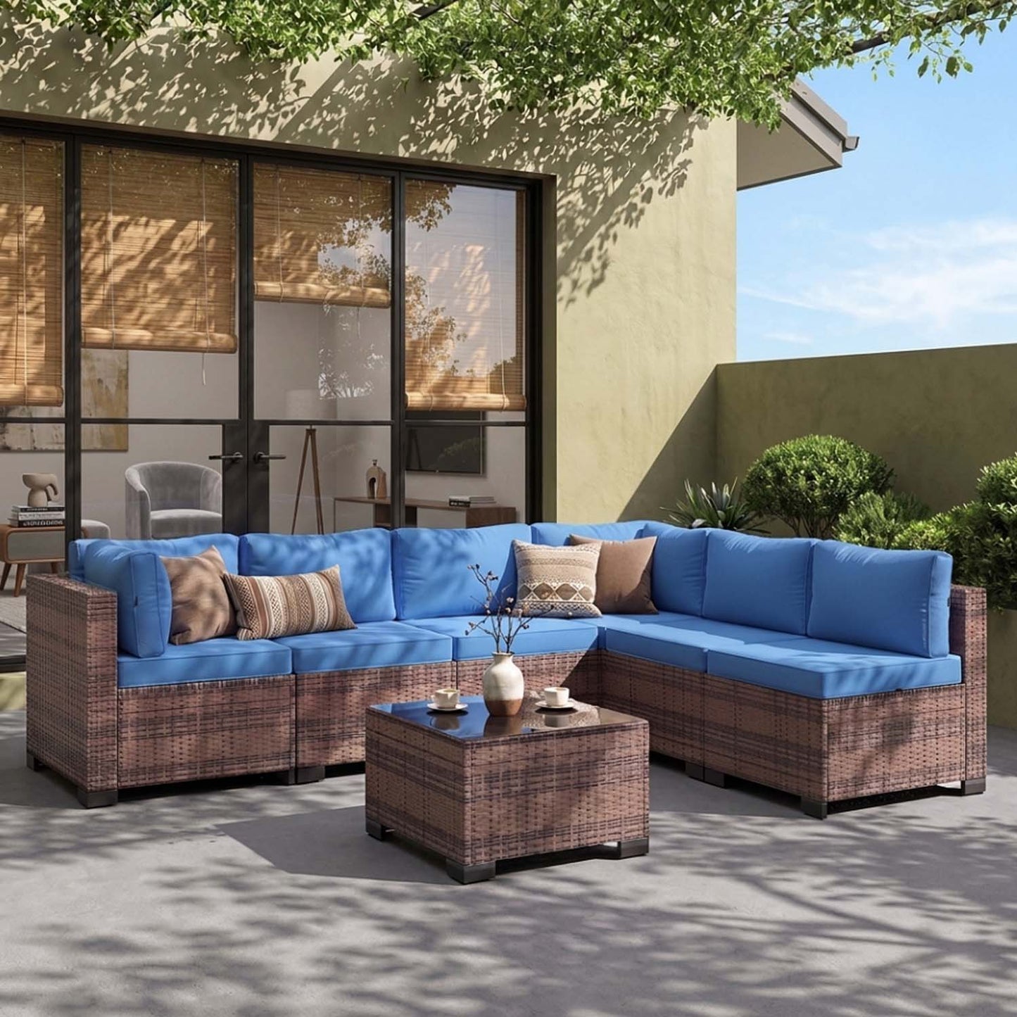 Clouddwell 7 Piece Outdoor Patio Furniture Set, Wicker Rattan Patio Sectional Sofa Set, Blue