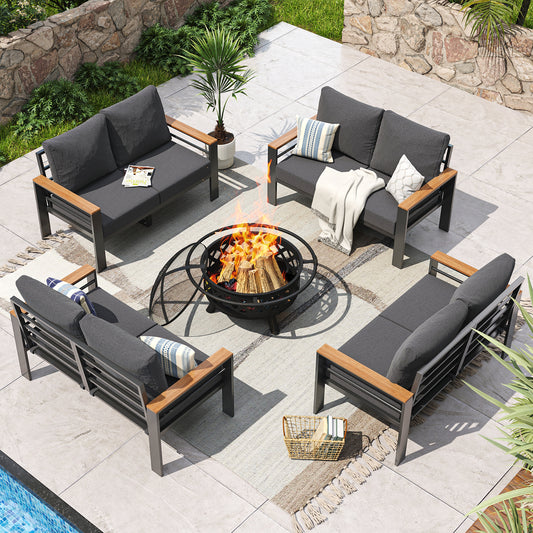Clouddwell Deep Grey Aluminum 4-Piece Chair Set with Natural Wood Accent Fire Pit