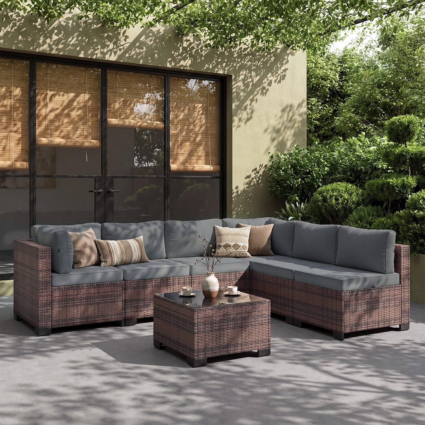 Clouddwell 7 Piece Outdoor Patio Furniture Set, Wicker Rattan Patio Sectional Sofa Set, Grey