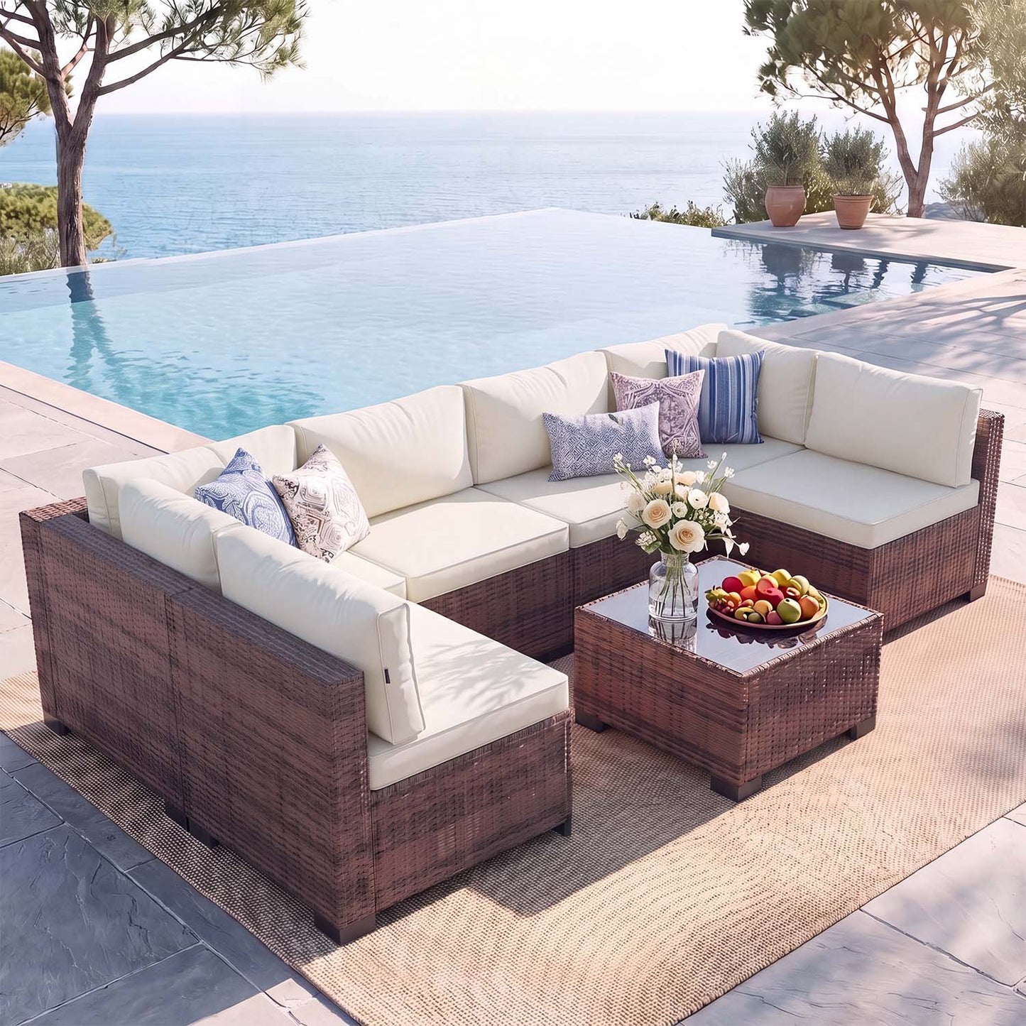 Clouddwell 7 Piece Outdoor Patio Furniture Set, Wicker Rattan Patio Sectional Sofa Sets, Off White
