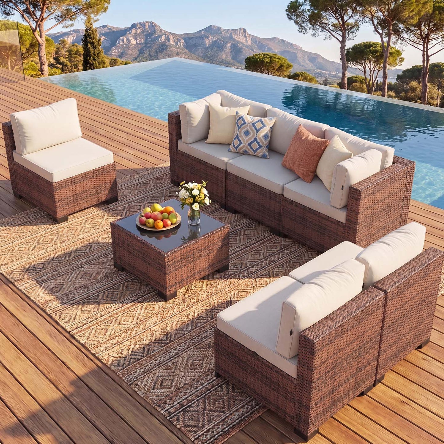 Clouddwell 7 Piece Outdoor Patio Furniture Set, Wicker Rattan Patio Sectional Sofa Sets, Off White