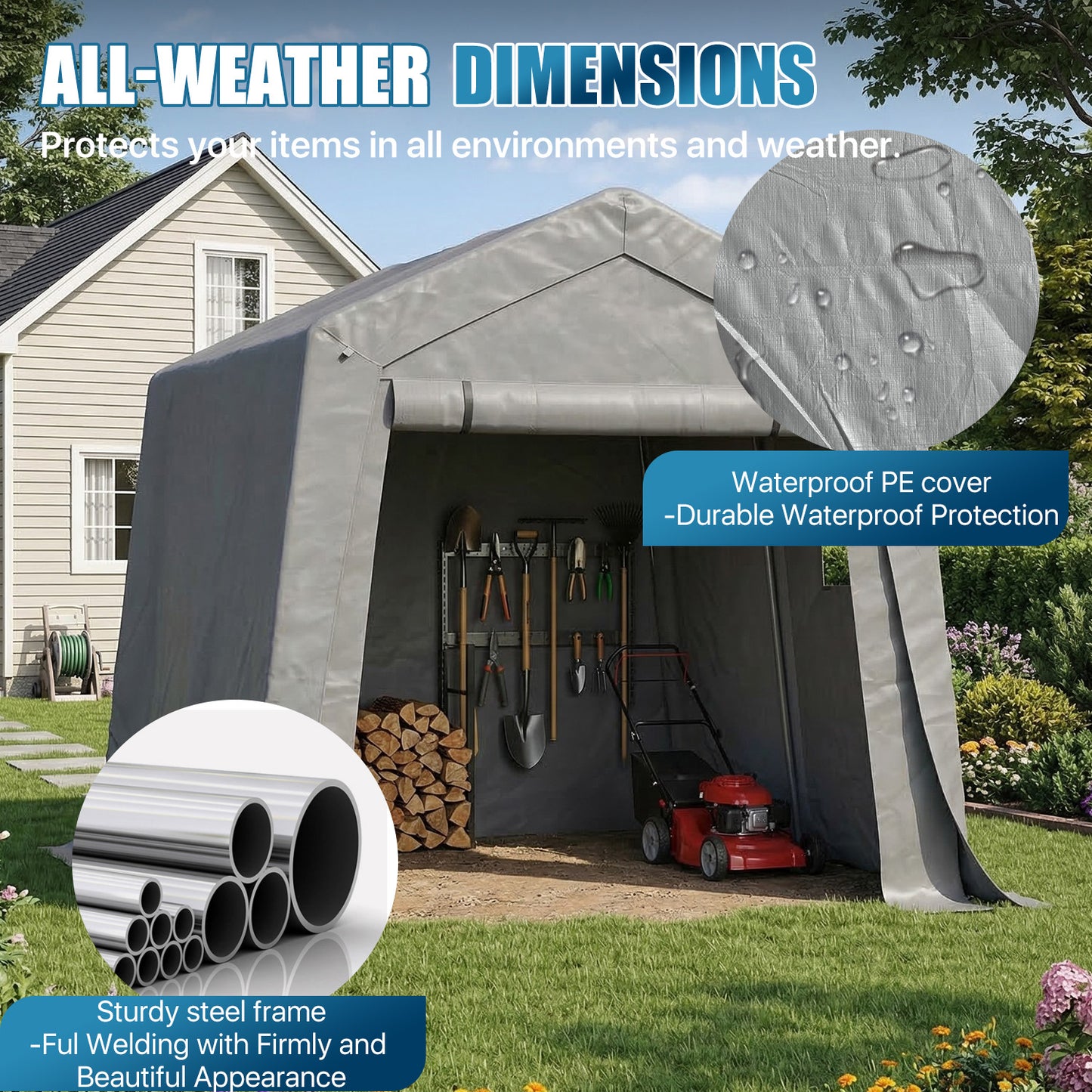 Sunmthink 10x10 FT Outdoor Carport Shed, Portable Storage Sheds with Roll-Up Door & Window, Waterproof Storage Tent with Galvanized Steel Frame for Bike, Motorcycle, Lawn Equipment