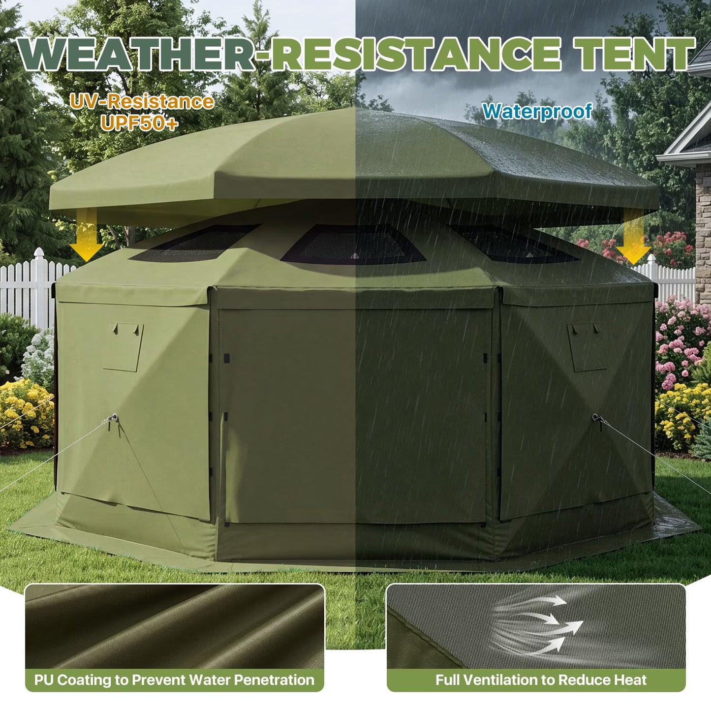 Clouddwell 15'x15' Outdoor Pop Up Gazebo, Screen Tent with Removable Top & Mosquito Netting, Camping Canopy Tent, Waterproof, UV Resistant, Portable Carry Bag, Green