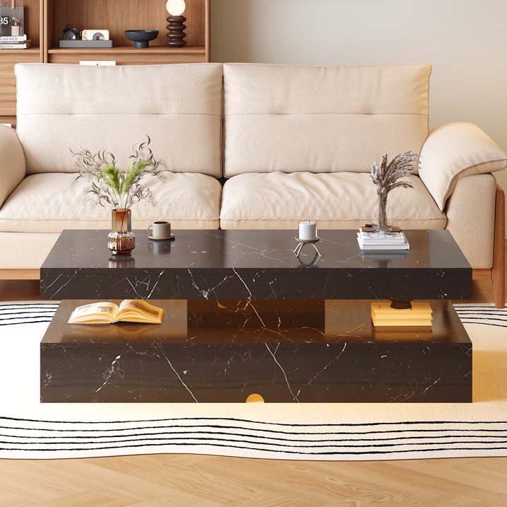 Sonegra 47" High-Glossy LED Coffee Table, Storage Coffee Table with 2 Sliding Drawers for Living Room, Modern Stylish Double-Layer Center Tables with LED Lights, Marble Black