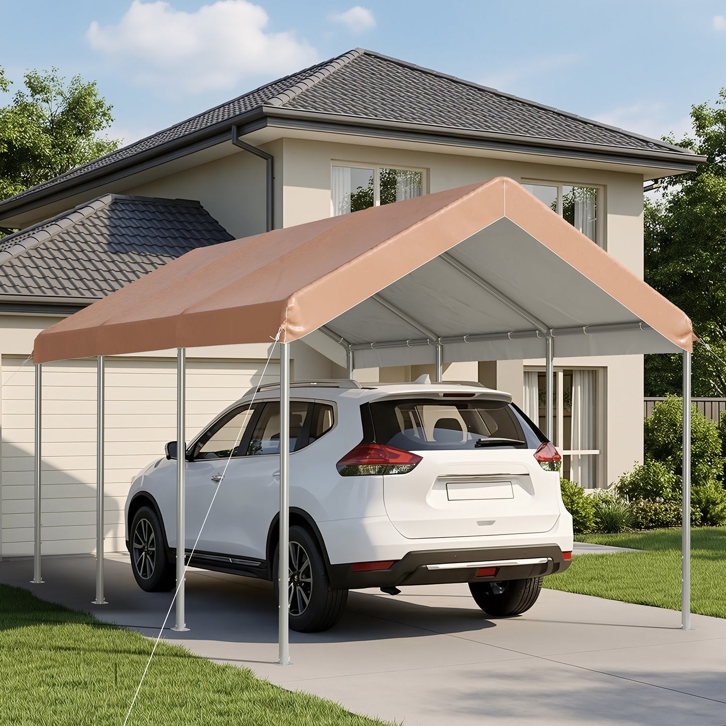 Aoxun 10x15 ft Heavy Duty Carport Canopy, Potable Car Canopy with Adjustable Height, Outdoor Carport Shelter Portable Garage with Reinforced Frame for Cars, Boats, Trucks, Khaki
