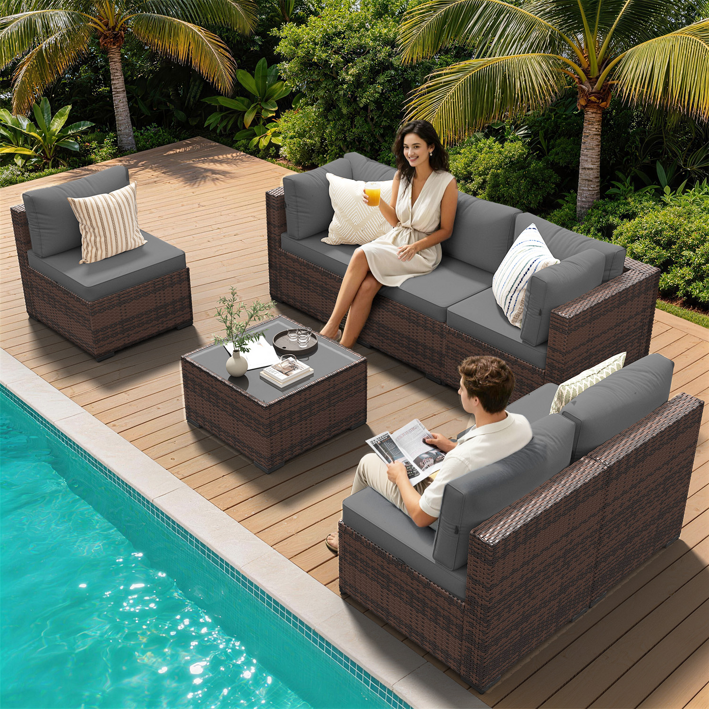 Clouddwell 7 Piece Outdoor Patio Furniture Set, Wicker Rattan Patio Sectional Sofa Set, Grey