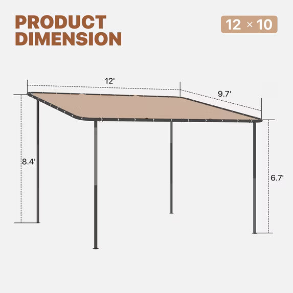 Dateyes 10'x12' Wall-Mounted Metal Gazebo , Water-Resistant Khaki Canopy with UV Protection for Patio & Garden