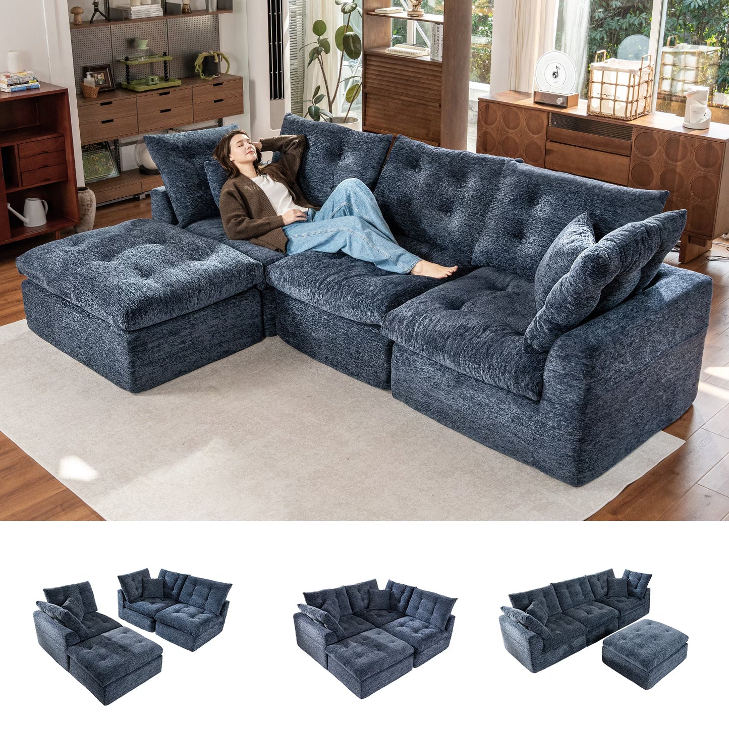 Sonegra 112" Oversized Modular Sectional L Shaped Sofa, Wide & Deep Seat Boneless Cloud Couch With Multi-Purpose Round Pillow, No Assembly (Blue)