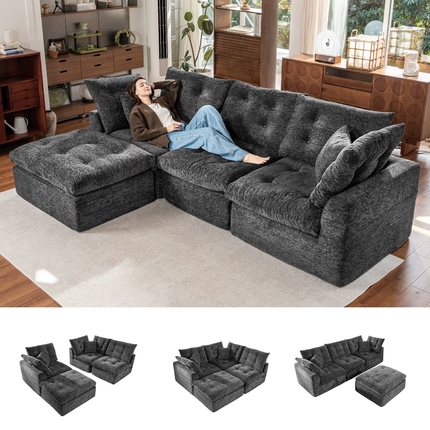 Sonegra 112" Oversized Modular Sectional L Shaped Sofa, Wide & Deep Seat Boneless Cloud Couch With Multi-Purpose Round Pillow, No Assembly (Grey)