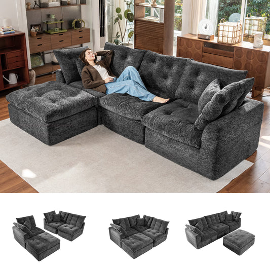 Sonegra 112" Oversized Modular Sectional L Shaped Sofa, Wide & Deep Seat Boneless Cloud Couch With Multi-Purpose Round Pillow, No Assembly (Grey)