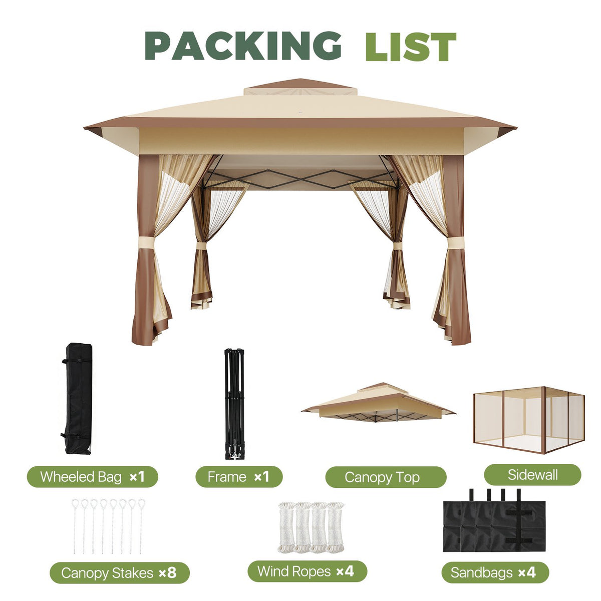 Dateyes 13x13 FT Pop Up Gazebo, Outdoor Gazebo Canopy with Mosquito Netting, 3 Adjustable Heights, Portable Patio Gazebo Tent for Backyard, Patio, Brown